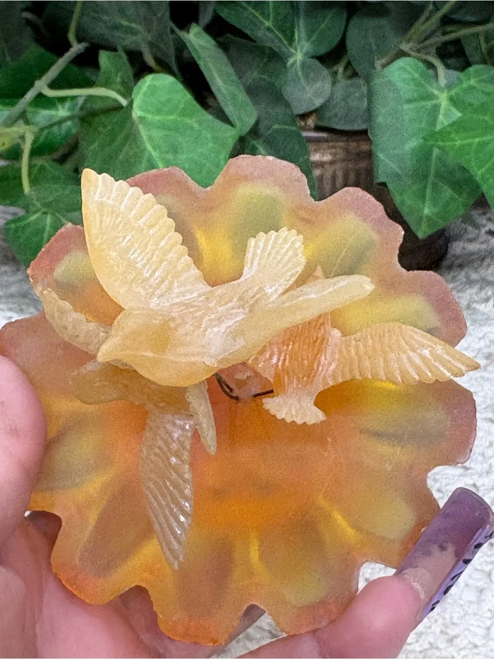 Amber Yellow Glass Bird Figurine Frosted Flower Base 3D Effect